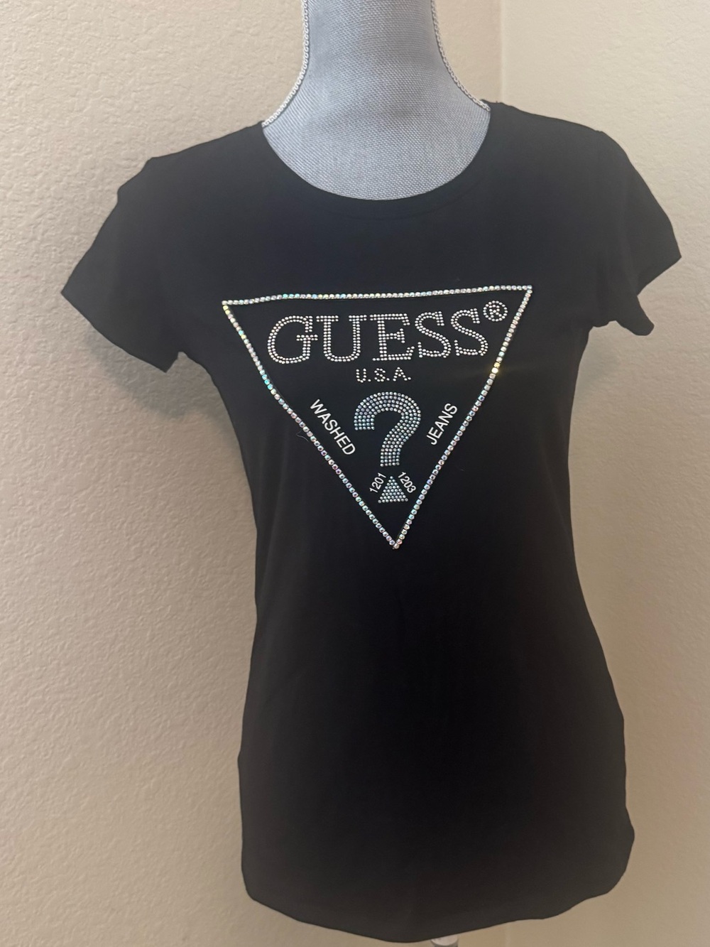 Guess Black Short Sleeve Rhinestone Logo Tee